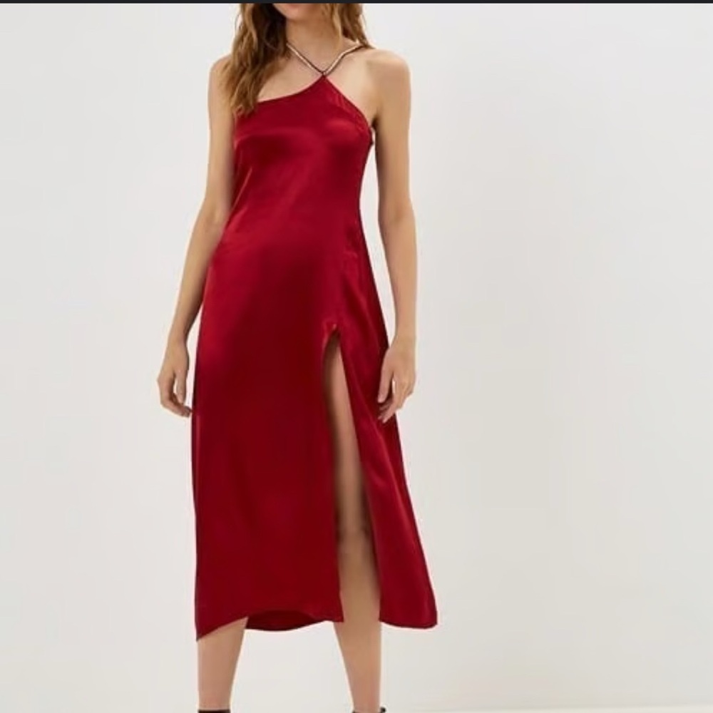 NWT For Love & Lemons Elora Satin Midi Dress Red Rhinestone Sizes S, M